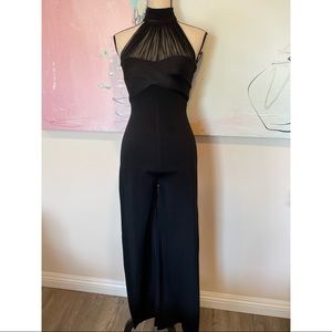 TADASHI Halter Jumpsuit Vintage Bodycon Black Wide Leg Sheer Neckline Sz S USA.